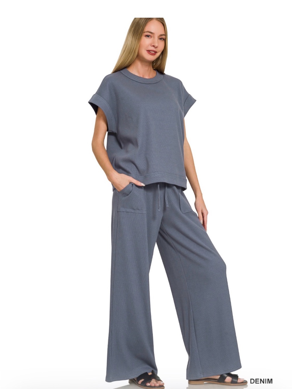 ZENANA Denim Blue Wide-Leg Lounge Pants - Women